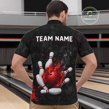 Load image into Gallery viewer, Man wearing black and red grunge fire bowling quarter zip shirt back view.