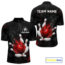 Load image into Gallery viewer, Black and red grunge fire bowling quarter zip shirt for men, custom bowling league jersey.