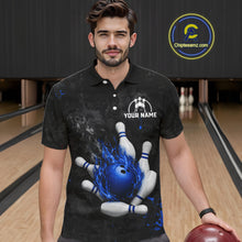 Load image into Gallery viewer, Man wearing black and blue grunge fire bowling polo shirt front view.