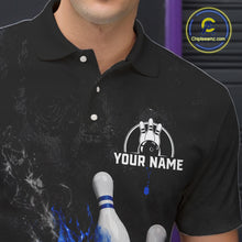 Load image into Gallery viewer, Close up of black and blue grunge fire bowling polo shirt collar, buttons and chest design.