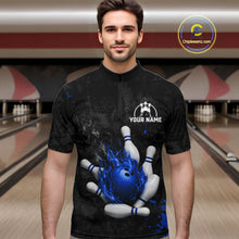 Load image into Gallery viewer, Man wearing black and blue grunge fire bowling quarter zip shirt front view.