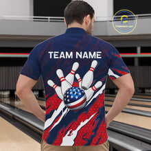 Load image into Gallery viewer, Man wearing blue and red US flag bowling quarter zip shirt back view.