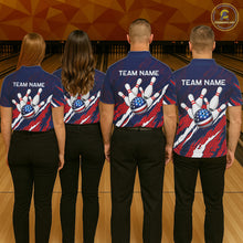 Load image into Gallery viewer, Bowling team wearing matching blue and red US flag jerseys back view.