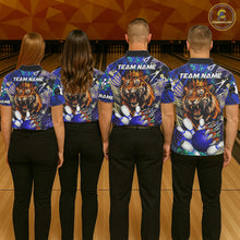 Load image into Gallery viewer, Bowling team wearing matching blue graffiti tiger jerseys back view.