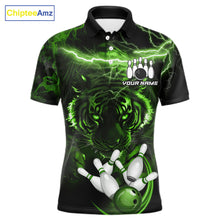 Load image into Gallery viewer, Green thunder lightning tiger bowling polo shirt for men, custom bowling team jersey.