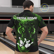 Load image into Gallery viewer, Man wearing green thunder lightning tiger bowling quarter zip shirt back view.
