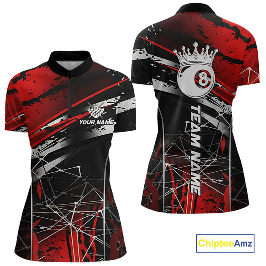 Black And Red 8 Ball Crown Women's Billiard Shirts Custom Billiards Jerseys, Pool League Team Shirts TDM5131