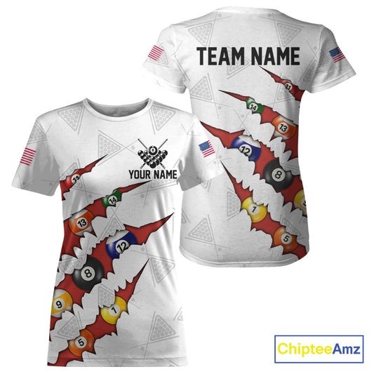 Custom Red 8 Ball Pool Scratch Billiard T-Shirt For Women White Billiard League Team Jersey TDM5989