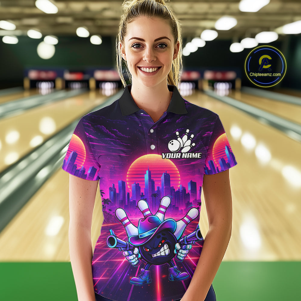 Custom Retro Funny Neon Bowling Shirt For Women, Pink And Purple Bowling Team Jersey Polo & 1/4 Zip TDM6220
