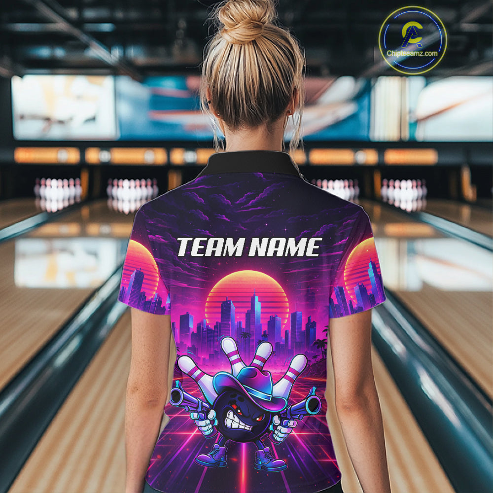Custom Retro Funny Neon Bowling Shirt For Women, Pink And Purple Bowling Team Jersey Polo & 1/4 Zip TDM6220