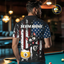 Load image into Gallery viewer, Back view of man wearing a funny cat pool team shirt in a billiards hall.