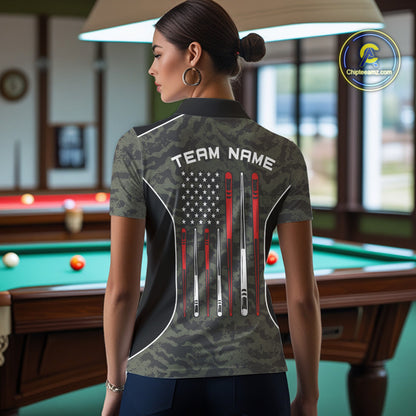 Back view of woman wearing a forest camo pool team shirt in a billiards hall.