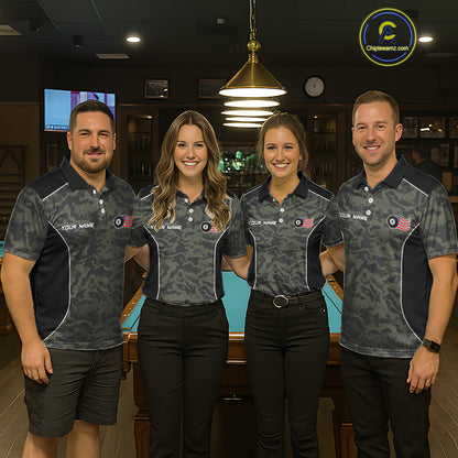 Back view of pool players wearing patriotic camo billiard shirts in a game room.
