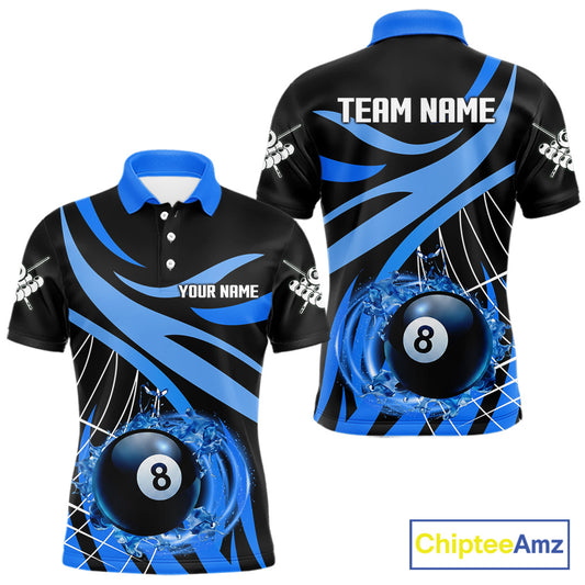 Men’s blue flame 8 ball pool polo shirt with custom billiard team graphics and league style.