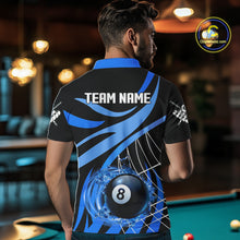 Load image into Gallery viewer, Back view of man wearing a blue flame pool team shirt in a billiards hall.