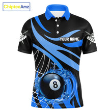 Load image into Gallery viewer, Men’s blue flame 8 ball pool polo shirt with custom billiard team graphics and league style.
