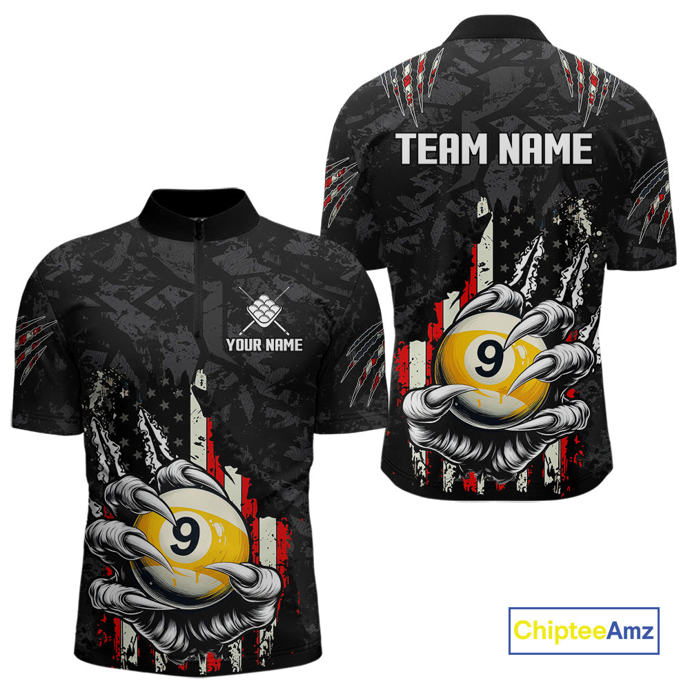 Funny Claw Tearing US Flag 9 Ball Pool Custom Billiard Shirts For Men, Patriotic Billiard Jerseys TDM4473