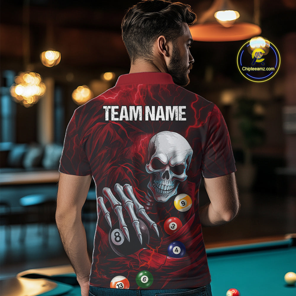 Personalized Red Funny Skeleton Pool Balls Billiard Shirt For Men, Skull Billiard Team Jerseys TDM5343