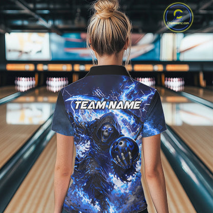 Blue Grim Reaper Fire Smoke Bowling Jersey For Women Custom Bowling Team Shirt Polo & 1/4 Zip TDM6234