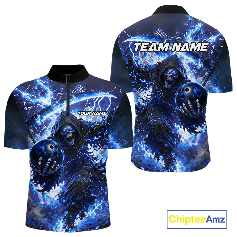 Blue Grim Reaper Fire Smoke Bowling Jersey For Men Custom Bowling Team Shirt Polo & 1/4 Zip TDM6234