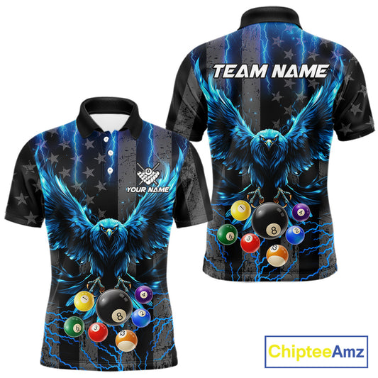 Blue lightning eagle 8 ball pool polo shirt for men with patriotic billiard team graphics.