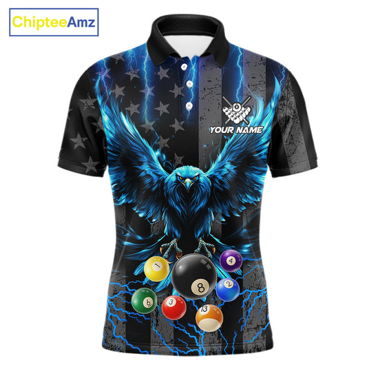 Blue lightning eagle 8 ball pool polo shirt for men with patriotic billiard team graphics.