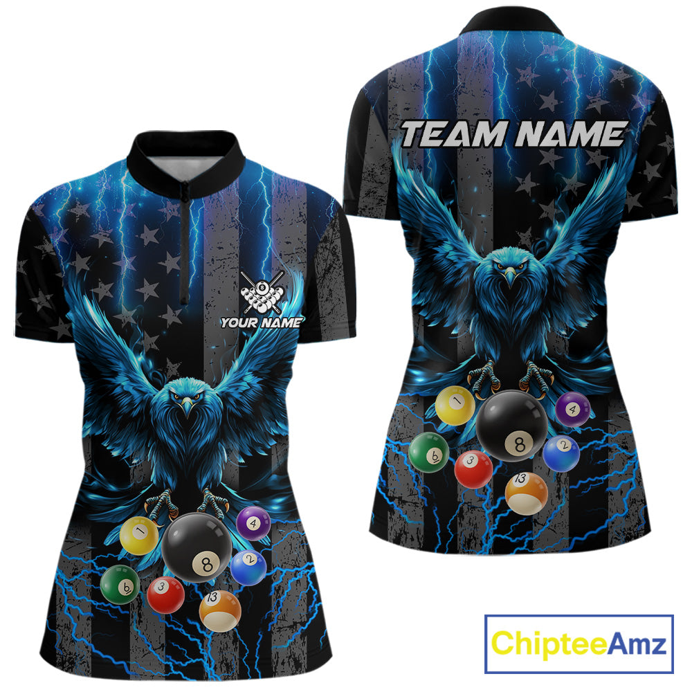 Blue lightning eagle 8 ball billiard quarter zip shirt for women made for tournaments and pool league matches.