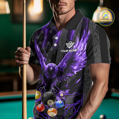 Man wearing a purple lightning eagle billiard jersey beside a pool table front view.
