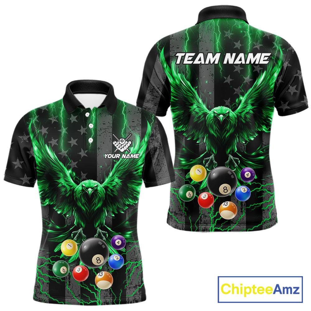 Green lightning eagle 8 ball pool polo shirt for men with patriotic American flag billiard graphics.