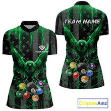 Load image into Gallery viewer, Green lightning eagle 8 ball billiard quarter zip shirt for women built for tournament and team competition.