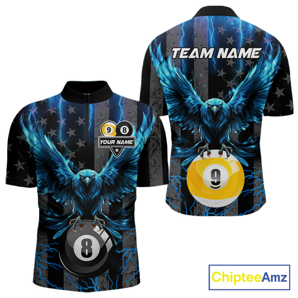 Blue lightning eagle 8 ball and 9 ball billiard quarter zip shirt for men designed for tournaments and league play.