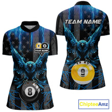 Load image into Gallery viewer, Blue lightning eagle 8 ball and 9 ball billiard quarter zip shirt for women designed for tournaments and league play.