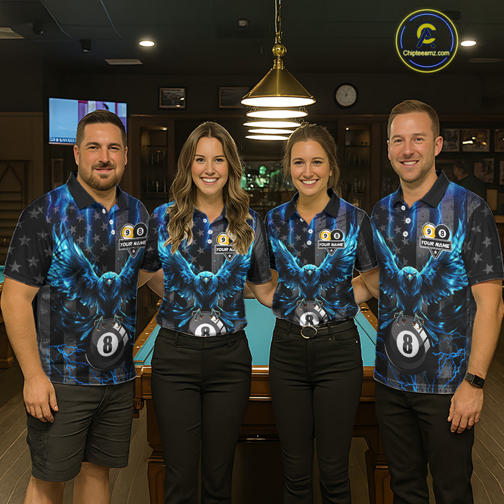 Pool team wearing matching blue lightning eagle billiard jerseys during league matches front view.