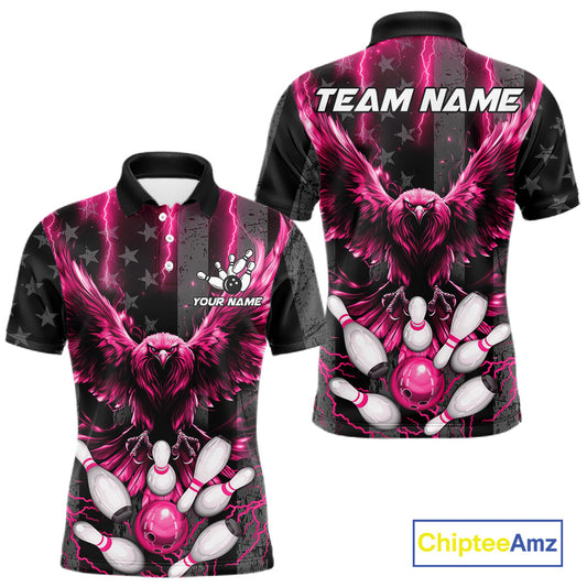 Pink lightning eagle bowling polo shirt for men with patriotic American flag bowling team graphics.