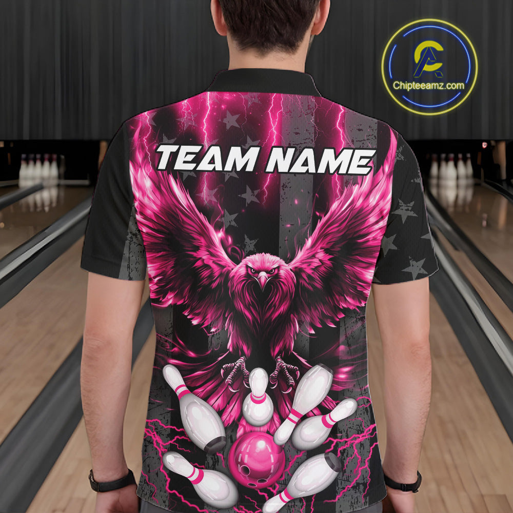 Back view of man wearing a pink lightning eagle bowling polo shirt inside a bowling alley.