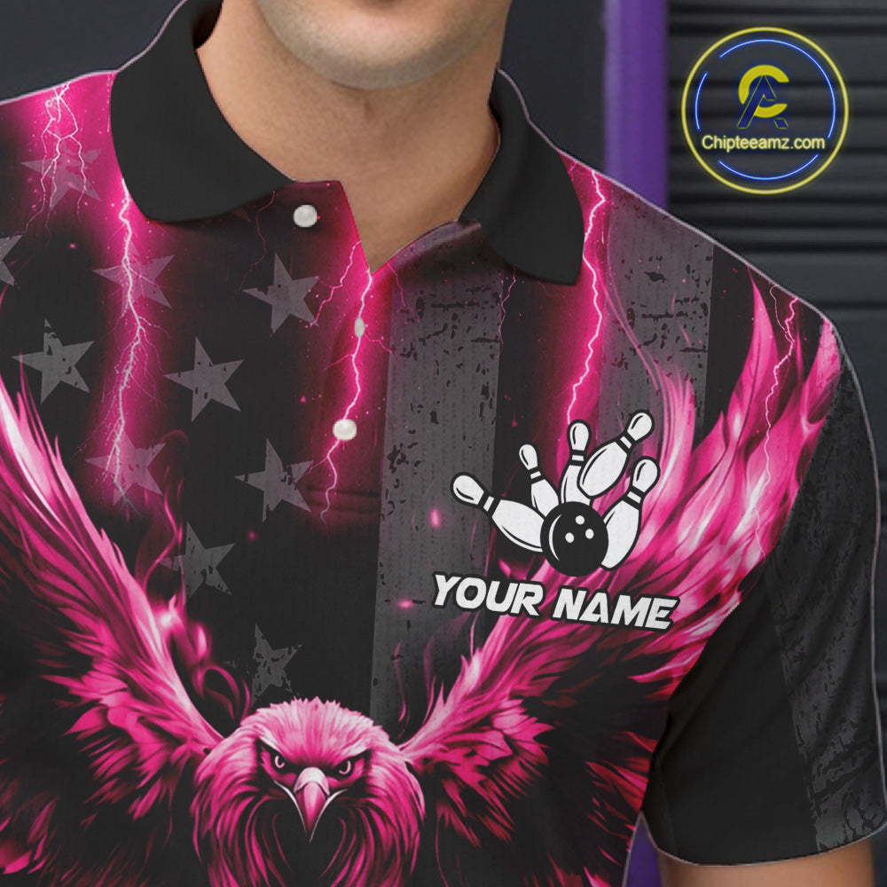 Close-up of a pink lightning eagle bowling polo shirt collar and chest design with eagle graphics.