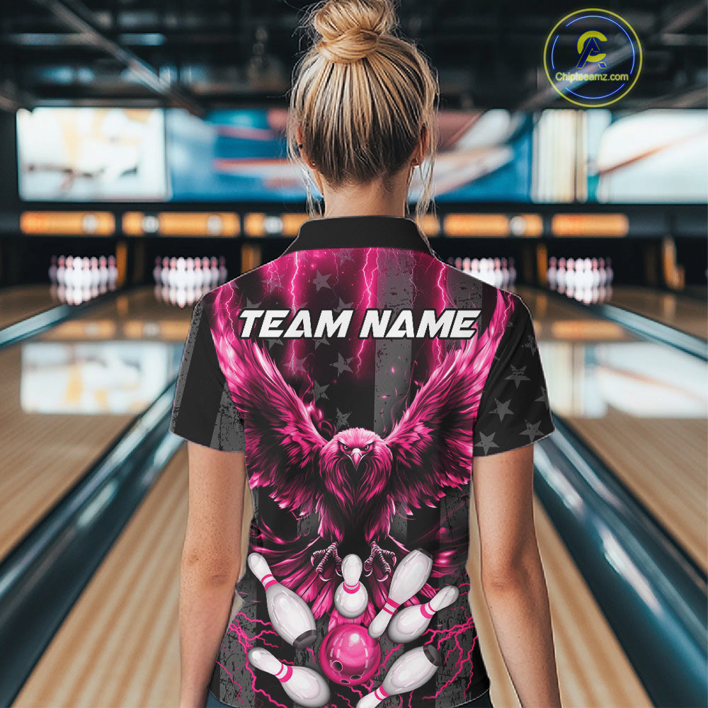 Woman wearing a pink lightning eagle bowling quarter zip jersey during bowling league play back view.