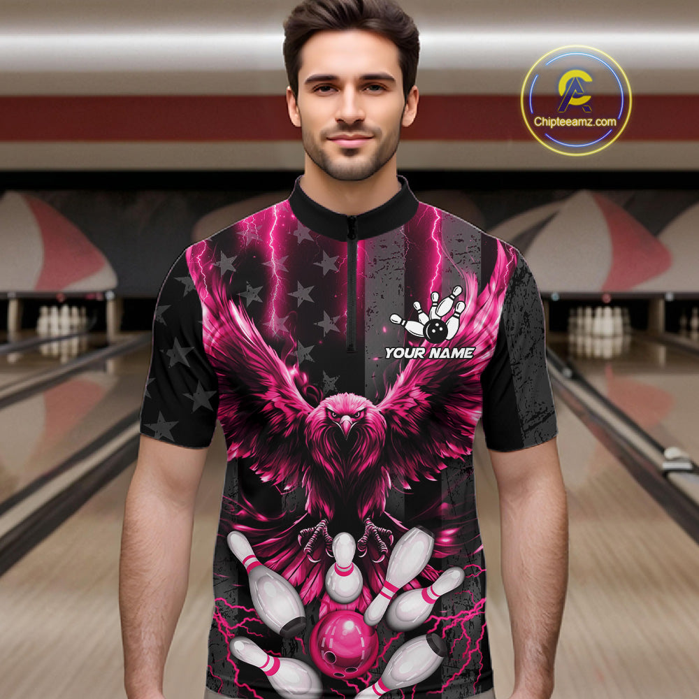 Man wearing a pink lightning eagle bowling quarter zip jersey during bowling league play front view.