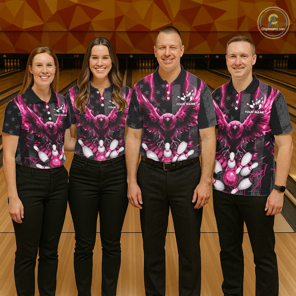Bowling team wearing matching pink lightning eagle bowling jerseys during league matches front view.