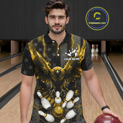 Man wearing a yellow lightning eagle bowling polo shirt at a bowling alley front view.