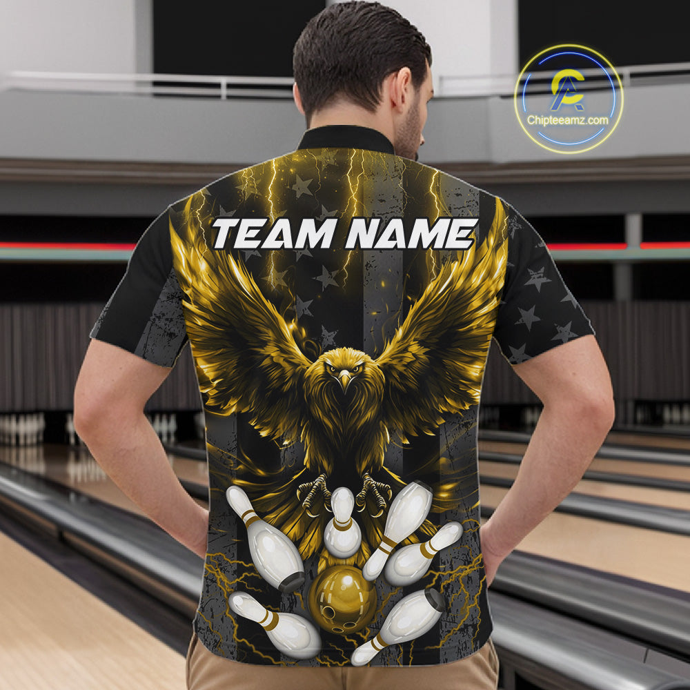 Back view of man wearing a yellow lightning eagle bowling quarter zip shirt in a bowling alley.