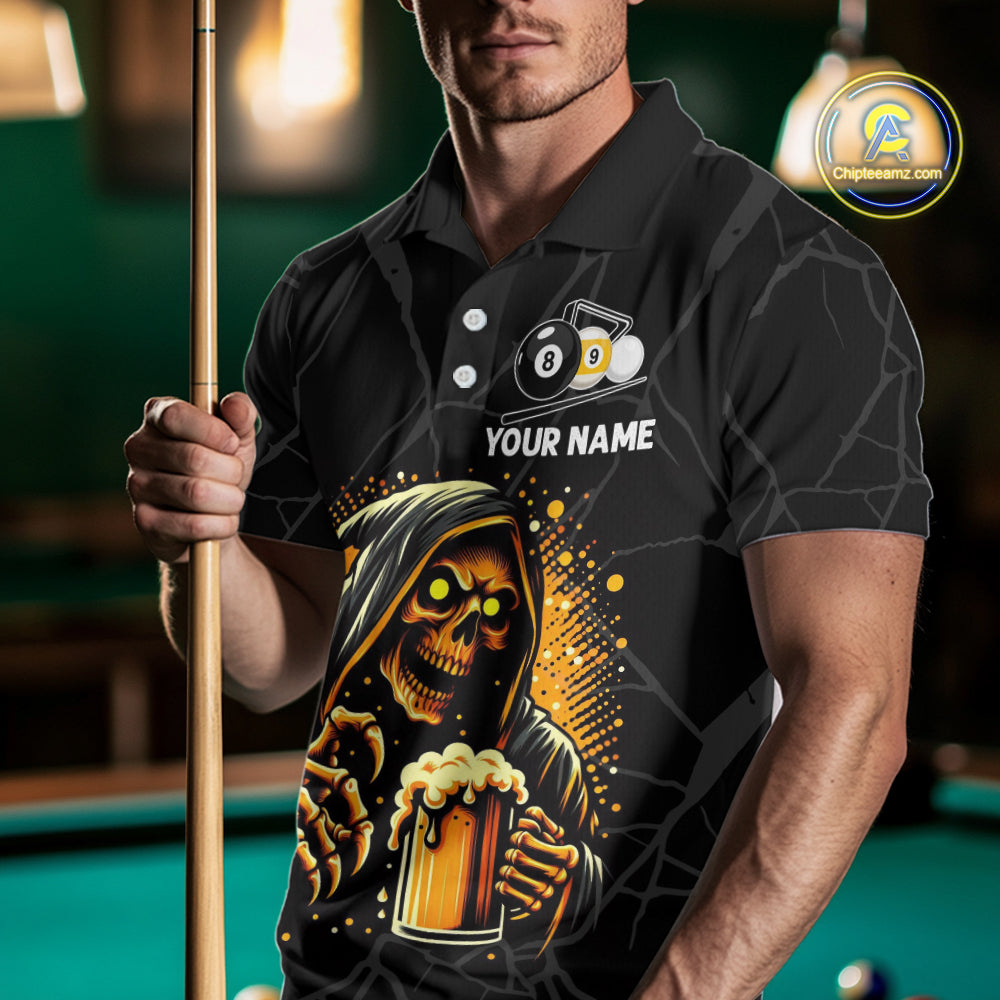Man wearing Grim Reaper 8 ball and 9 ball pool and beer That's Why I'm Here billiard polo shirt front view.
