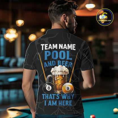 Man wearing Grim Reaper 8 ball and 9 ball pool and beer That's Why I'm Here billiard polo shirt back view.