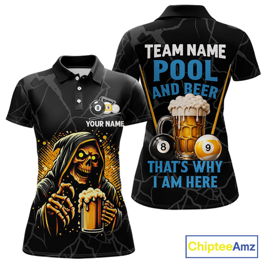 Grim Reaper 8 ball and 9 ball pool and beer That's Why I'm Here custom billiard team jersey polo shirt for women, funny pool league apparel.