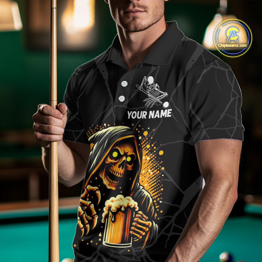 Man wearing Grim Reaper 8 ball pool and beer That's Why I'm Here billiard polo shirt front view.