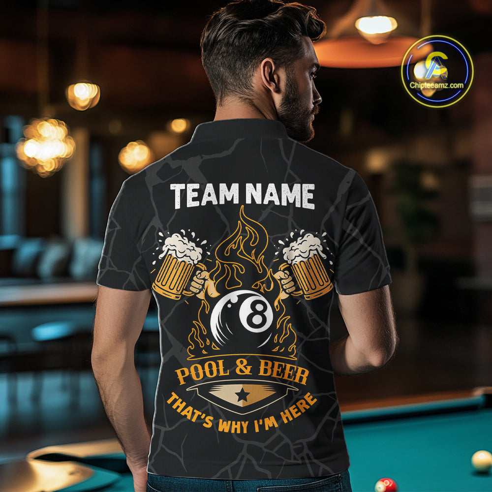 Man wearing Grim Reaper 8 ball pool and beer That's Why I'm Here billiard polo shirt back view.