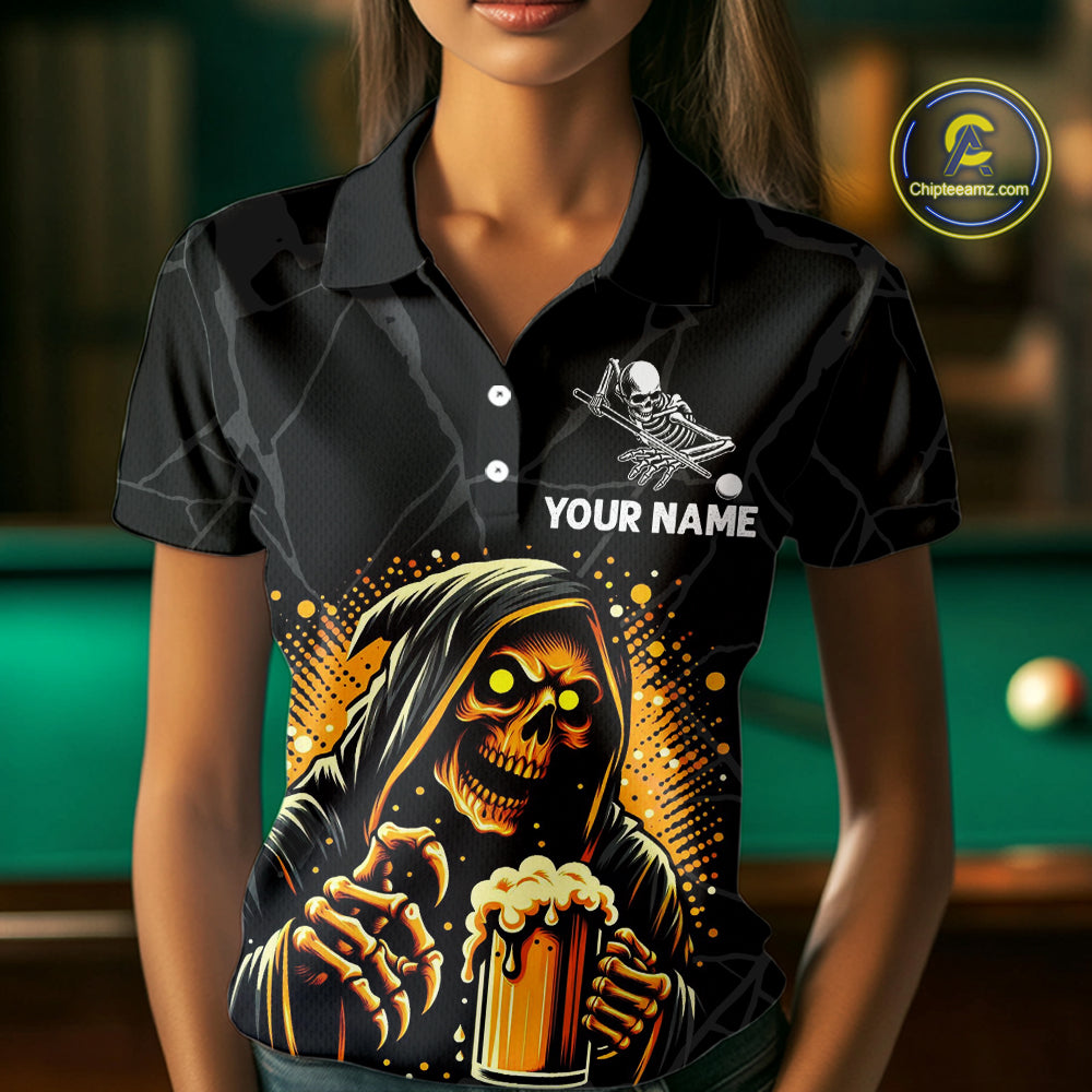 Woman wearing Grim Reaper 8 ball pool and beer That's Why I'm Here billiard polo shirt front view.