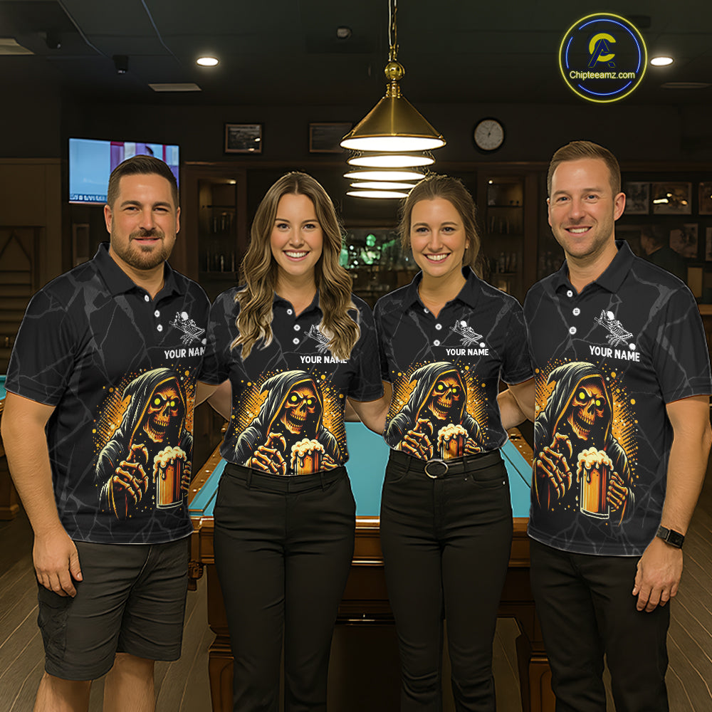 Billiard team wearing matching Grim Reaper 8 ball pool and beer jerseys front view.