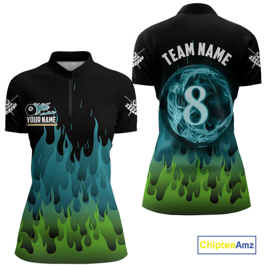 Green And Blue Flaming 8 Ball Pool Women Billiard Polo & 1/4 Zip Custom Pool Team Player Jersey TDM3828