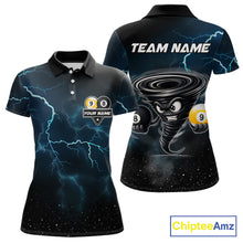 Load image into Gallery viewer, Tornado 8 ball and 9 ball billiard polo shirt for women with blue lightning graphics and bold league style.